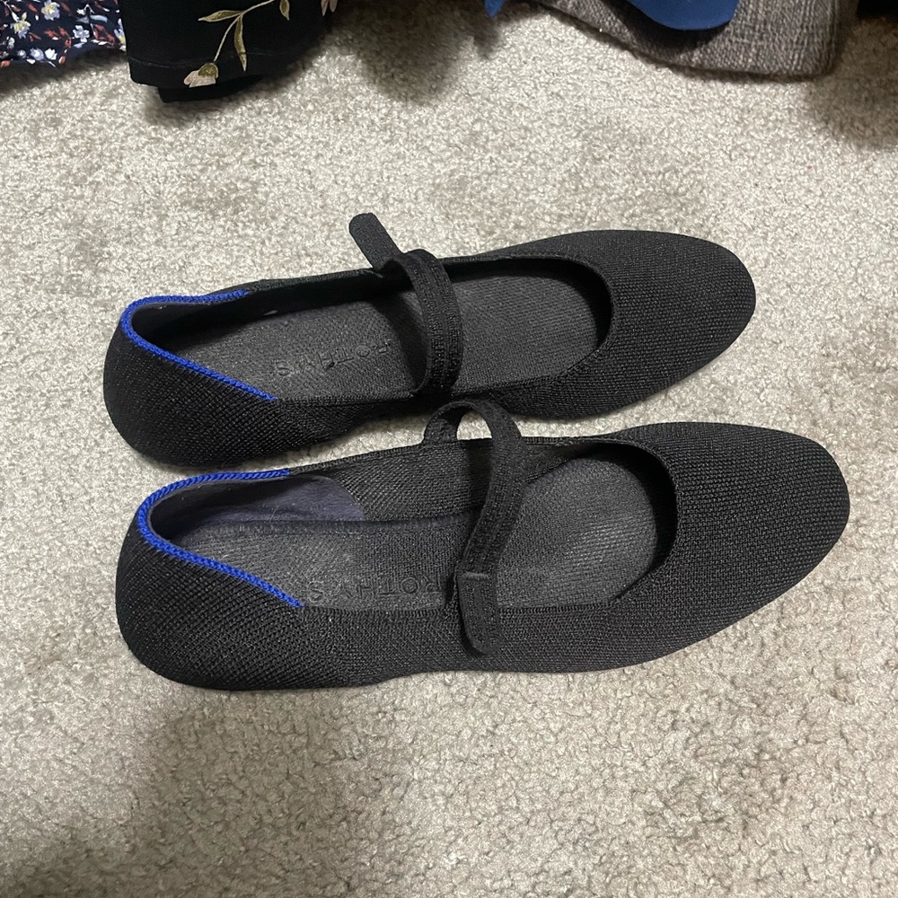 Rothy's Mary Jane Black Flats with Blue Accents